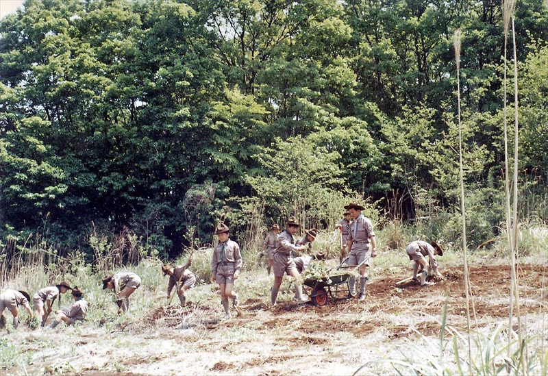 1974年ごろの写真です。ボーイ隊が現高幡教会の場所で畑をやっています。 高幡教会建設前はこの場所は畑だったのです。 多摩動物園のゾウのウンチをもらってそれを肥料にして主にイモを栽培していたように思います。 のどかな時代でした。まさかここに教会が建つとは？
